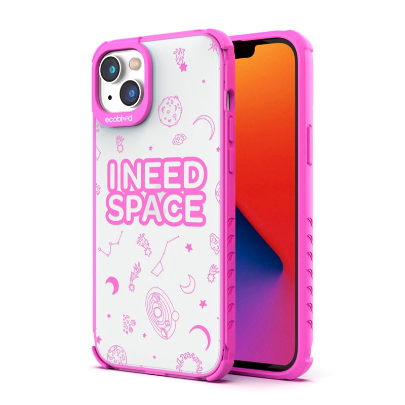 Back View Of The Pink Compostable iPhone 14 Plus Laguna Case With I Need Space Design & Front View Of The Screen