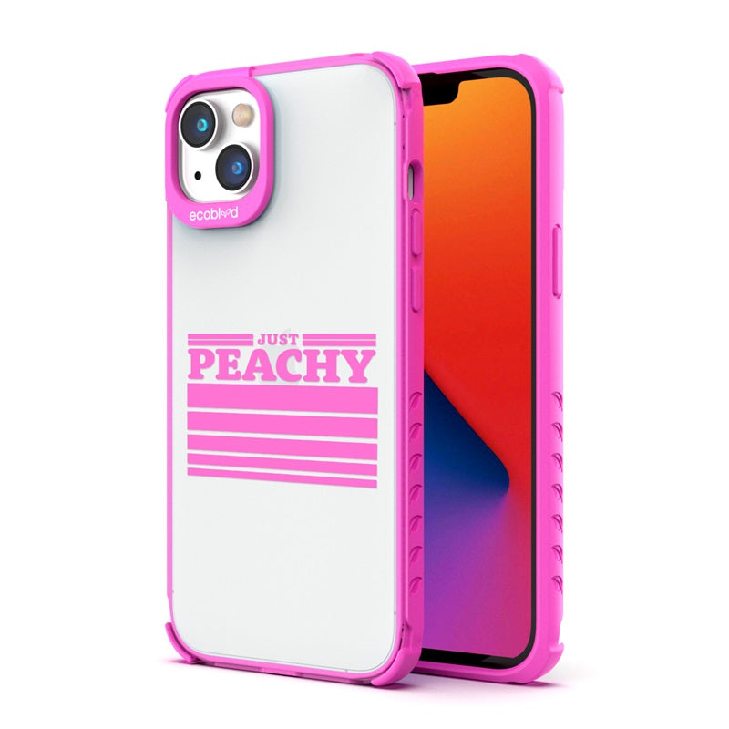 Back View Of The Pink Compostable iPhone 14 Plus Laguna Case With Just Peachy Design & Front View Of The Screen