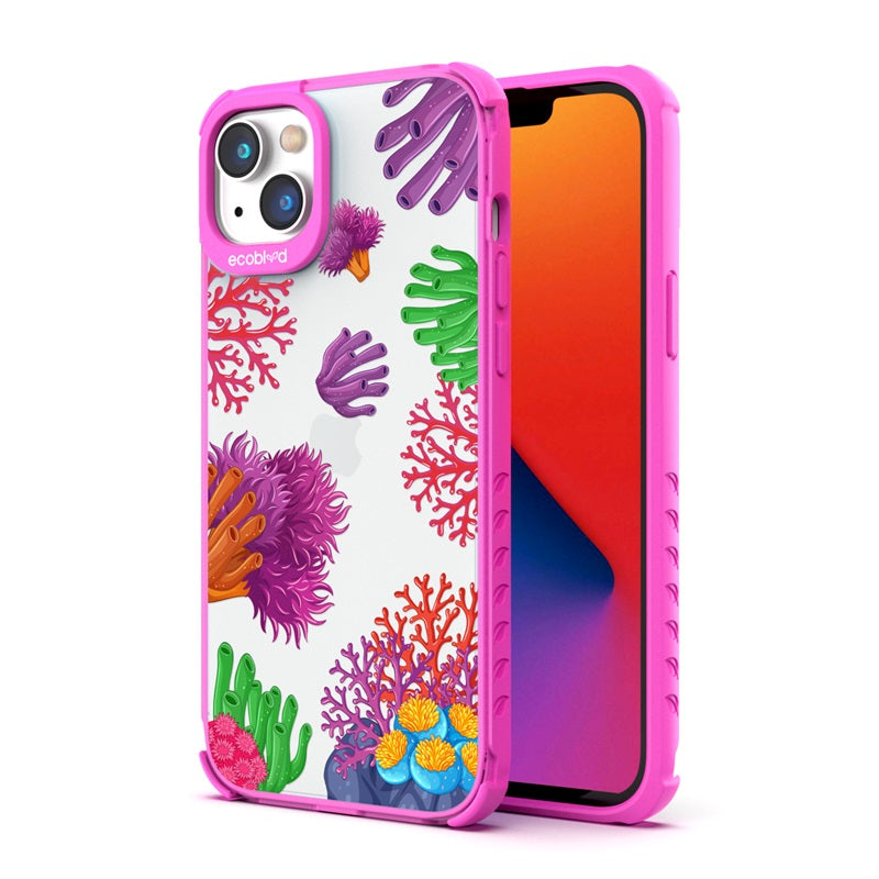 Back View Of Pink Compostable iPhone 14 Plus Laguna Case With The Coral Reef Design & Front View Of The Screen