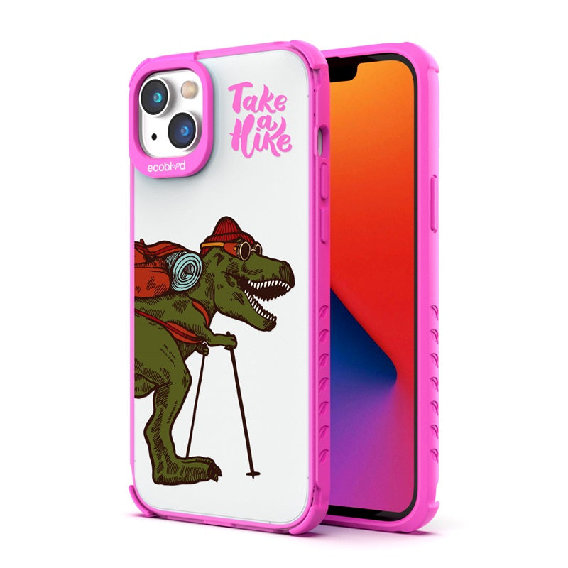 Back View Of The Pink iPhone 14 Plus Laguna Case With The Take A Hike Design On A Clear Back And Front View Of The Screen