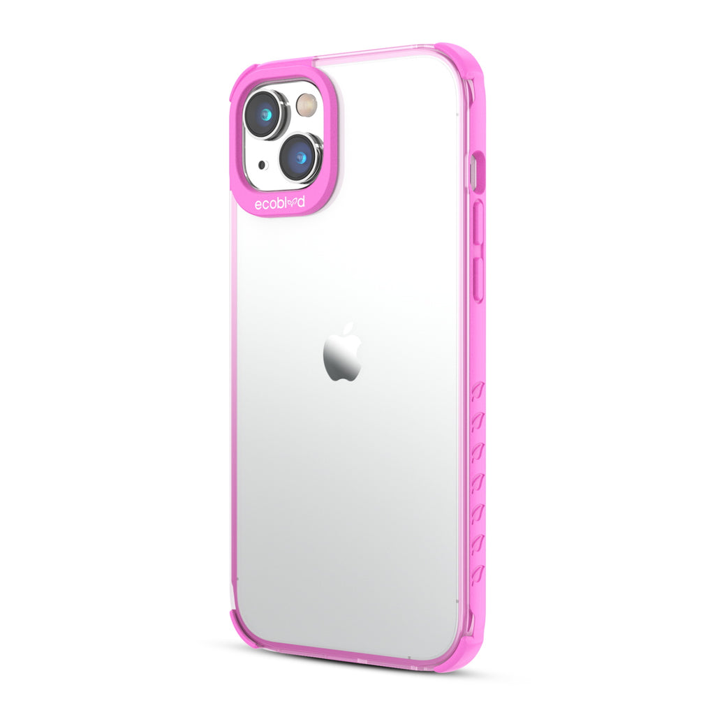 Left View Of Pink Laguna Collection iPhone 14 Plus Case With A Clear Back Showing Volume Buttons & Non-Slip Grip