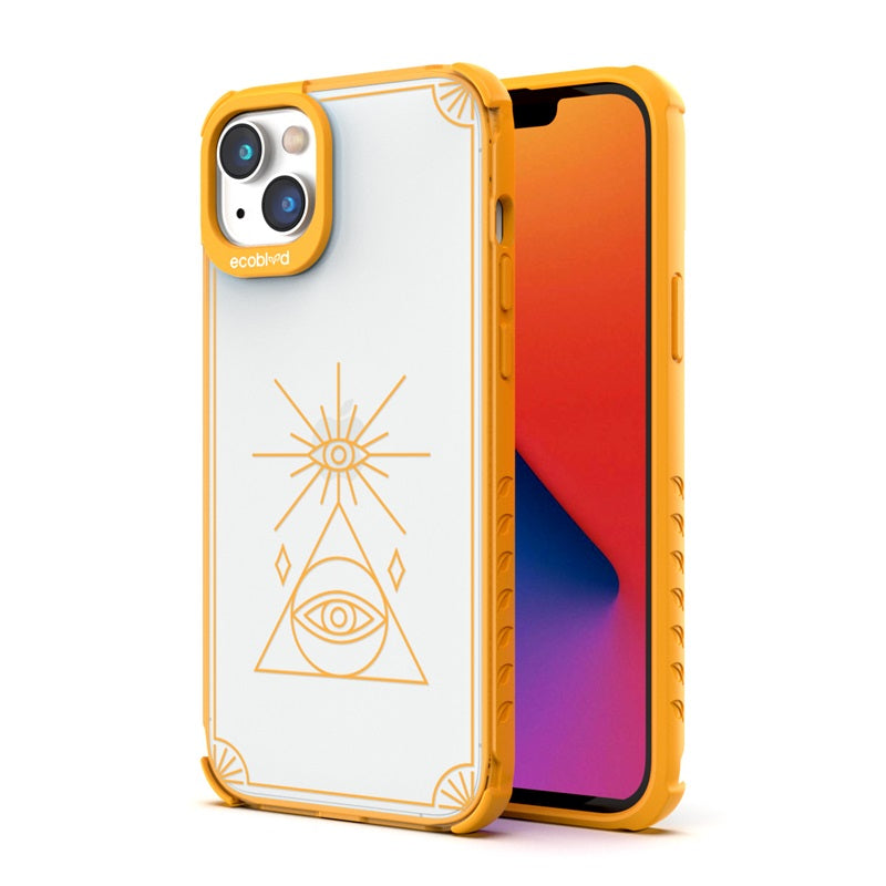 Back View Of The Yellow iPhone 14 Plus Laguna Case With The Tarot Card Design On A Clear Back And Front View Of The Screen