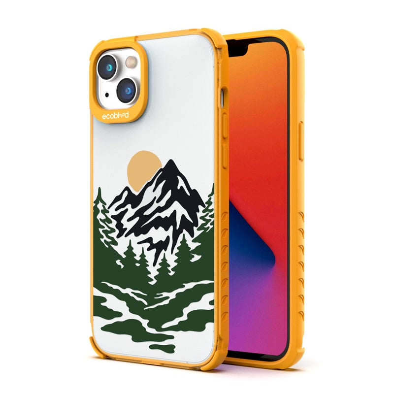Back View Of Yellow Compostable Laguna iPhone 14 Plus Case With Mountains Design & Front View Of Screen