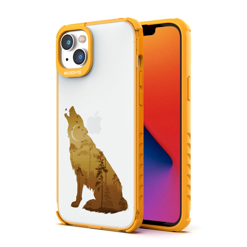 Back View Of The Yellow Compostable iPhone 14 Plus Laguna Case With The Howl At The Moon Design & Front View Of The Screen