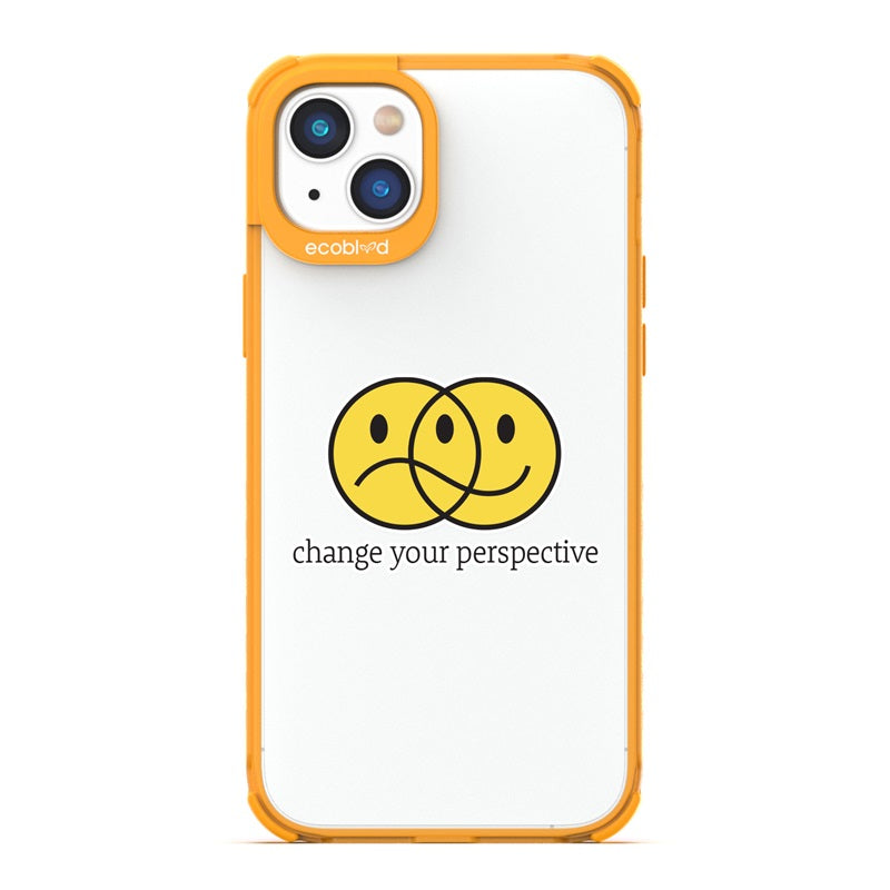 Laguna Collection - Yellow Compostable iPhone 14 Case With Happy/Sad Face & Change Your Perspective On A Clear Back