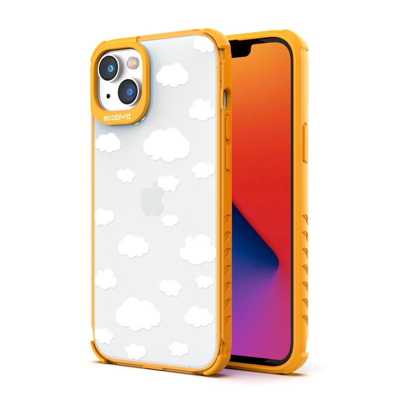 Back View Of The Yellow iPhone 14 Plus Laguna Case With The Clouds Design On A Clear Back And Front View Of The Screen
