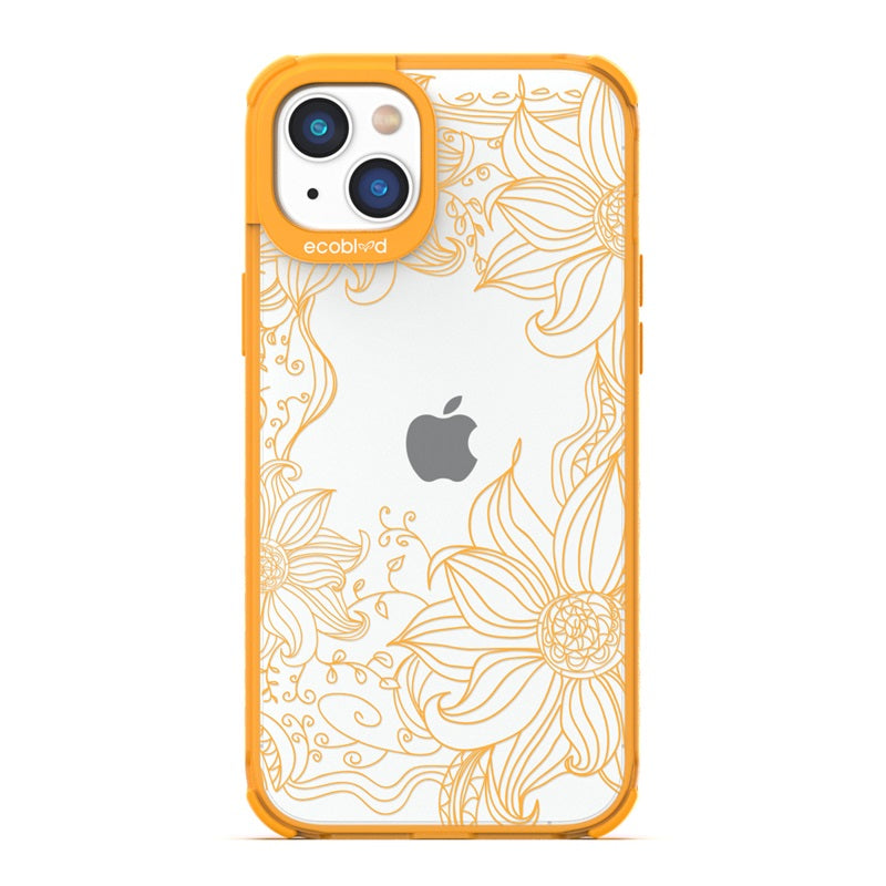 Laguna Collection - Yellow Eco-Friendly iPhone 14 Plus Case With A Sunflower Stencil Line Art Design On A Clear Back 