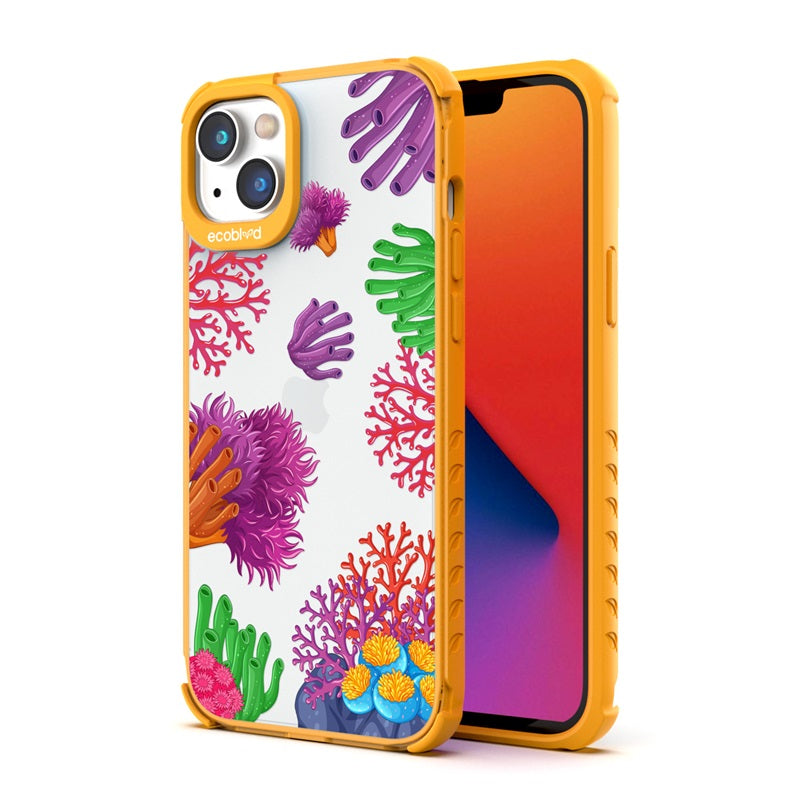 Back View Of Yellow Compostable iPhone 14 Plus Laguna Case With The Coral Reef Design & Front View Of The Screen