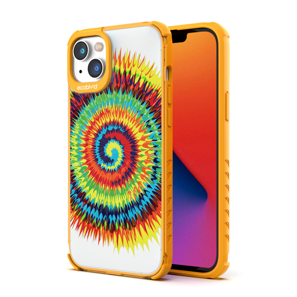 Back View Of The Yellow iPhone 14 Plus Laguna Case With The Tie Dye Design On A Clear Back And Front View Of The Screen
