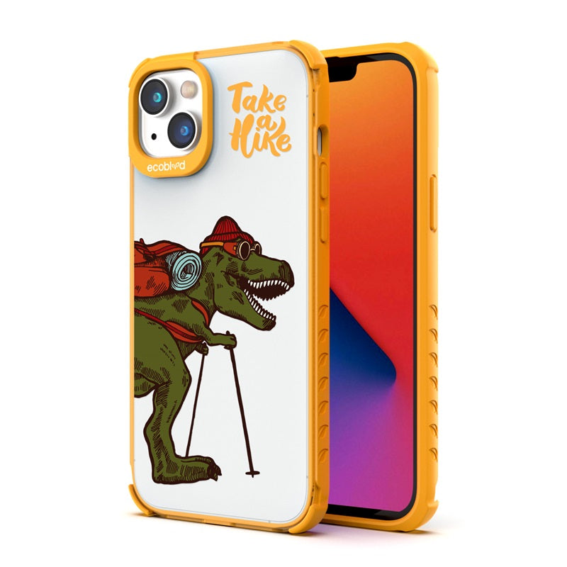 Back View Of The Yellow iPhone 14 Plus Laguna Case With The Take A Hike Design On A Clear Back And Front View Of The Screen