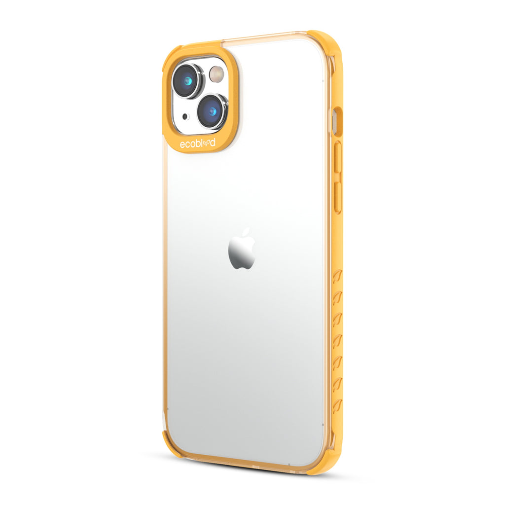 Left View Of Yellow Laguna Collection iPhone 14 Plus Case With A Clear Back Showing Volume Buttons & Non-Slip Grip