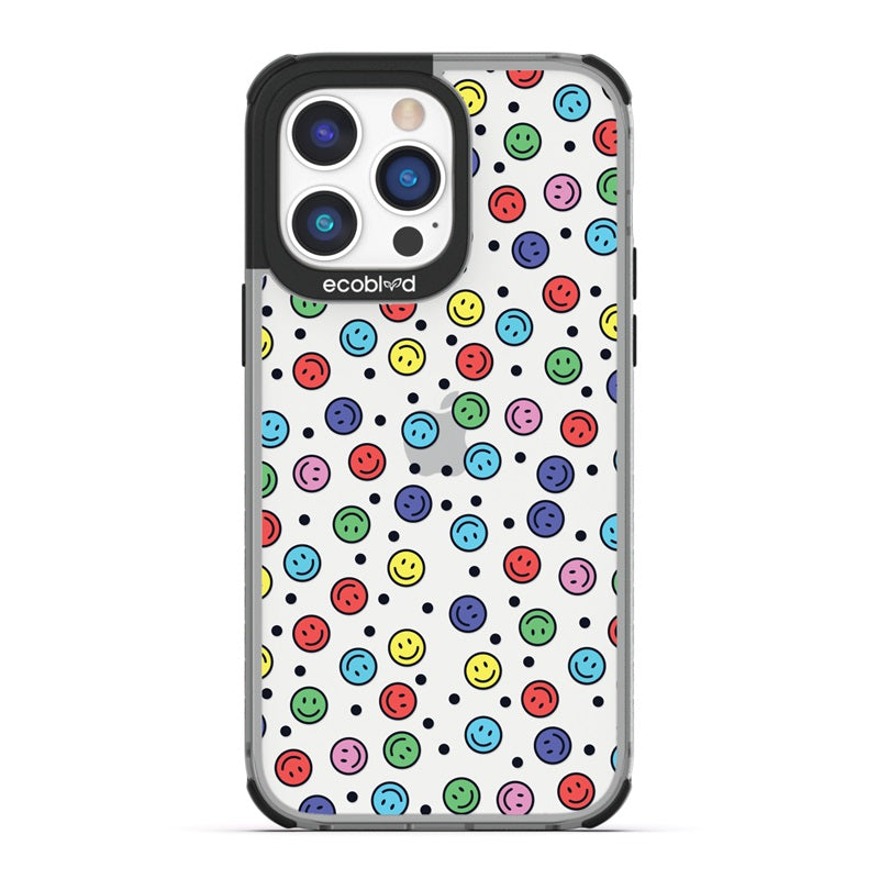 Laguna Collection - Black Eco-Friendly iPhone 14 Pro Case With Multicolored Smiley Faces & Black Dots On A Clear Back