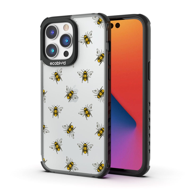 Back View Of The Black iPhone 14 Pro Laguna Case With The Bees Design On A Clear Back And Front View Of The Screen