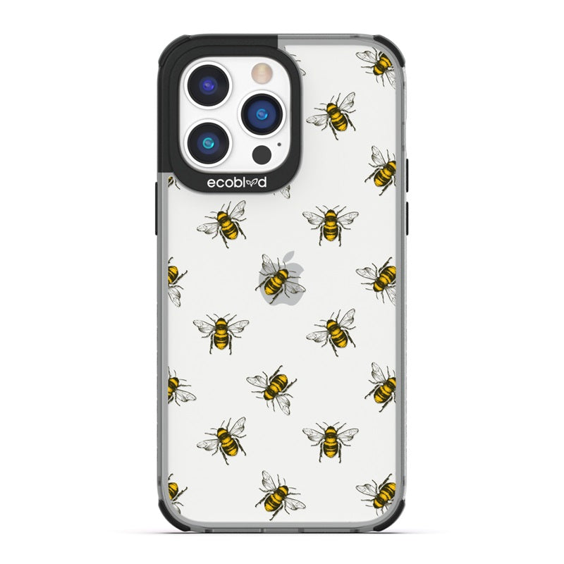 Laguna Collection - Black Eco-Friendly iPhone 14 Case With A Honey Bees Design On A Clear Back - Compostable