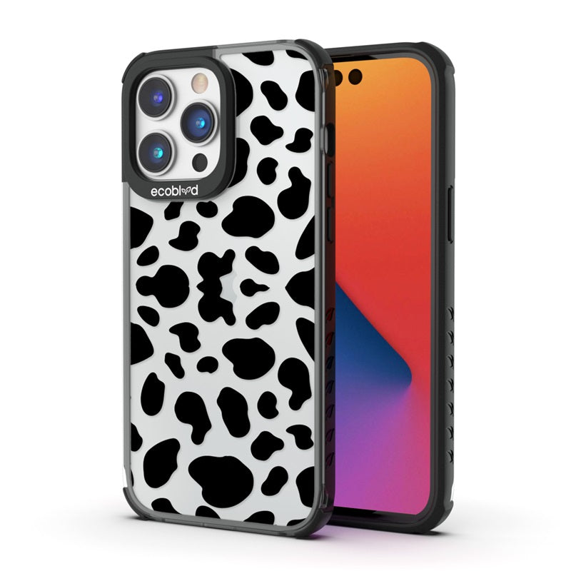 Back View Of The Black Compostable iPhone 14 Pro Laguna Case With The Cow Print Design & Front View Of The Screen