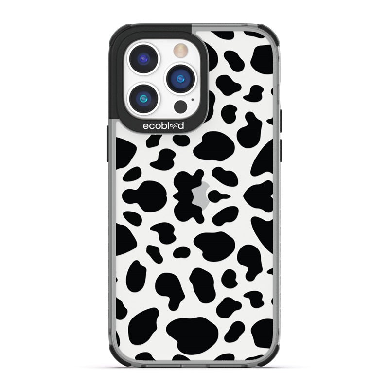 Laguna Collection - Black Eco-Friendly iPhone 14 Pro Case with Black Spots Cow Print Pattern On A Clear Back - Compostable