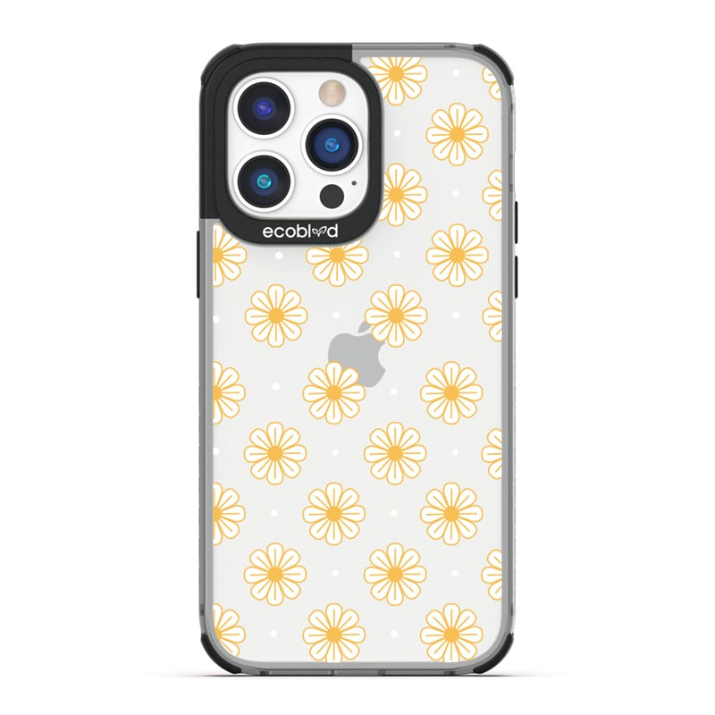 Laguna Collection - Black Eco-Friendly iPhone 14 Pro White Daisy And Dots Floral Pattern On A Clear Back - Compostable