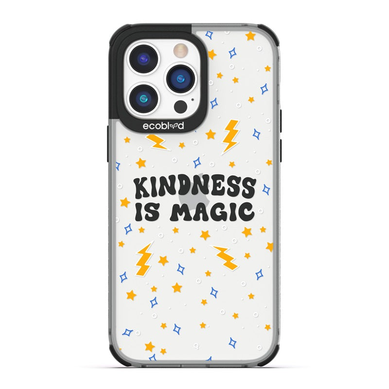 Laguna Collection - Black Compostable iPhone 14 Pro Case With Kindness Is Magic, Lightning & Stars On A Clear Back
