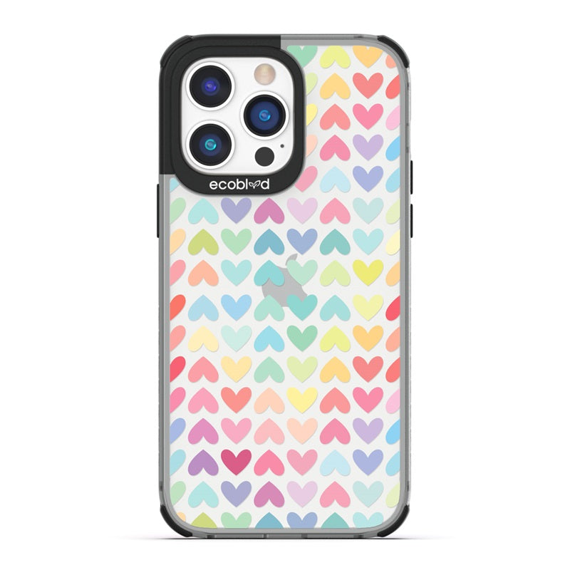 Laguna Collection - Black Eco-Friendly iPhone 14 Pro Case With A Pastel Rainbow Hearts Pattern On A Clear Back - Compostable