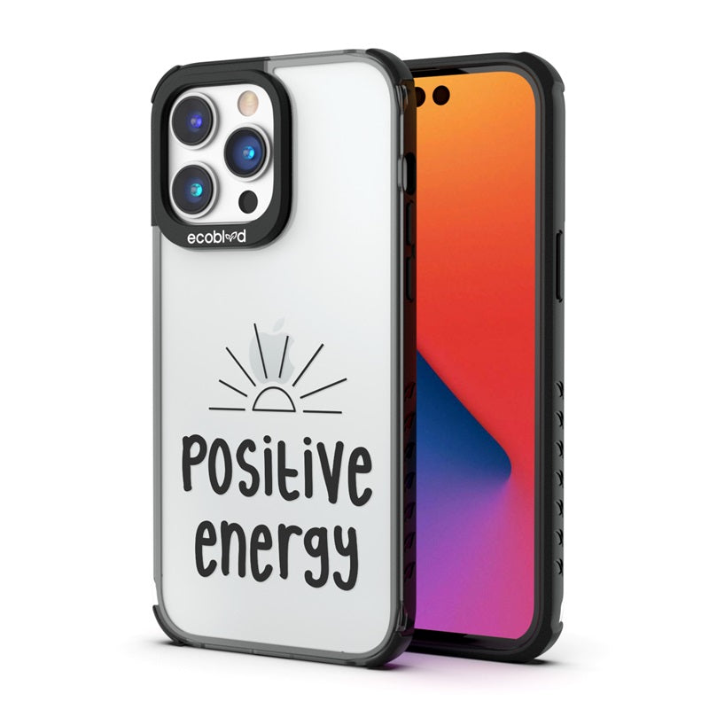 Back View Of The Black iPhone 14 Pro Laguna Case With The Positive Energy Design On A Clear Back And Front View Of The Screen