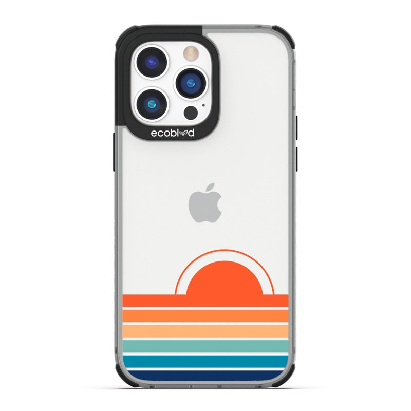 Laguna Collection - Black Eco-Friendly iPhone 14 Pro Case With Sun Rising From Rainbow Gradient Stripes On A Clear Back