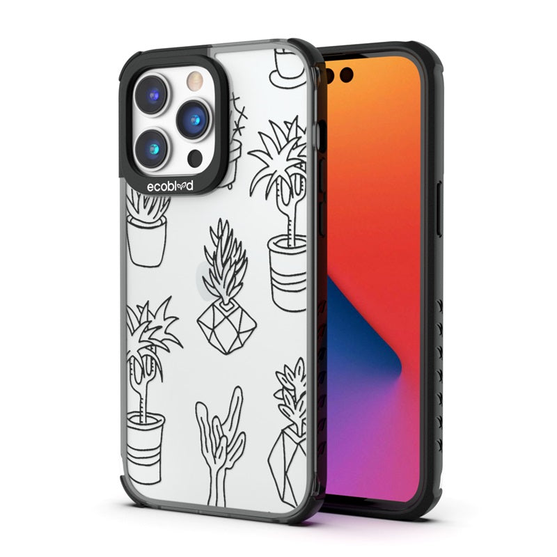 Back View Of The Black iPhone 14 Pro Laguna Case With Succulent Garden Design On A Clear Back And Front View Of The Screen