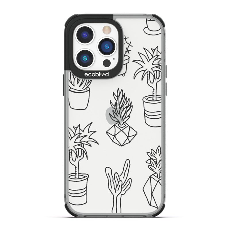 Laguna Collection - Black Eco-Friendly iPhone 14 Pro Case With Line Art Succulent Garden On A Clear Back - Compostable