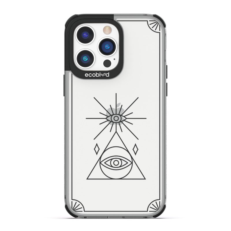 Laguna Collection - Black Eco-Friendly iPhone 14 Pro Case With An All Seeing Eye Tarot Card Design On A Clear Back