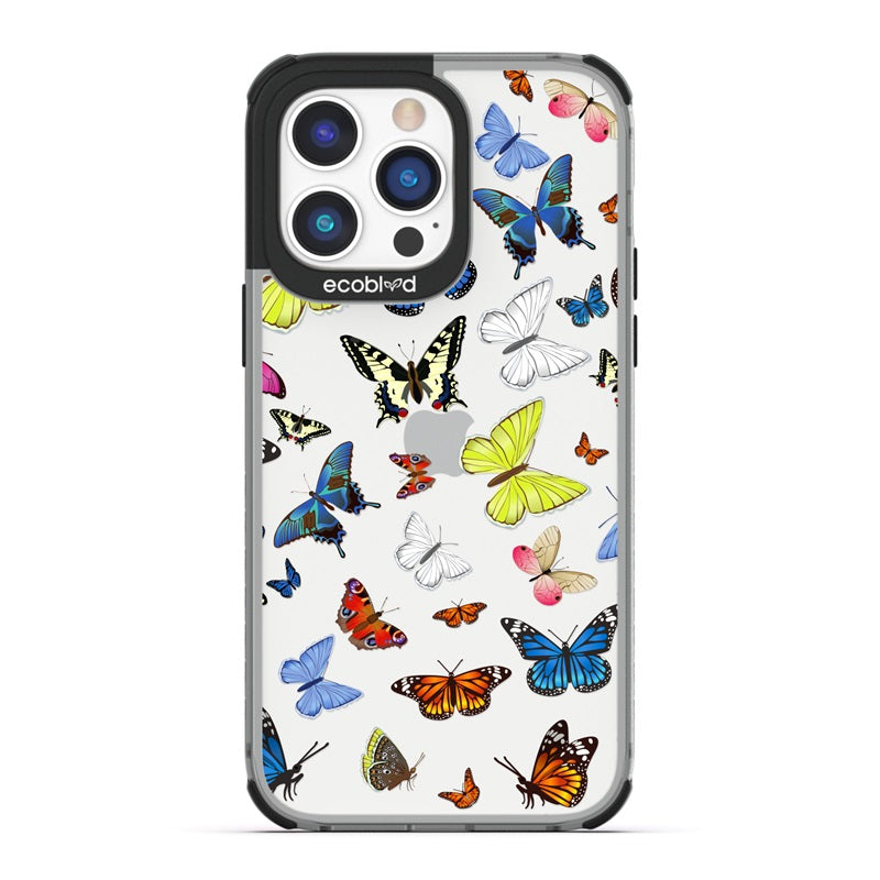 Laguna Collection - Black Eco-Friendly iPhone 14 Pro Case With Multicolored Butterflies On A Clear Back - Compostable