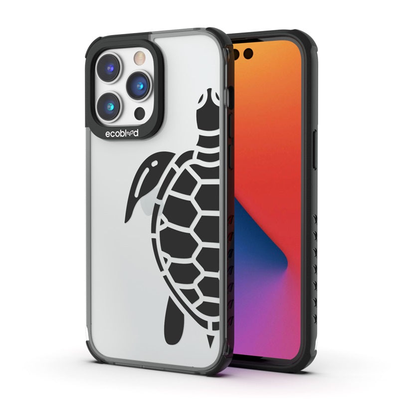 Back View Of The Black iPhone 14 Pro Laguna Case With The Sea Turtle Design On A Clear Back And Front View Of The Screen