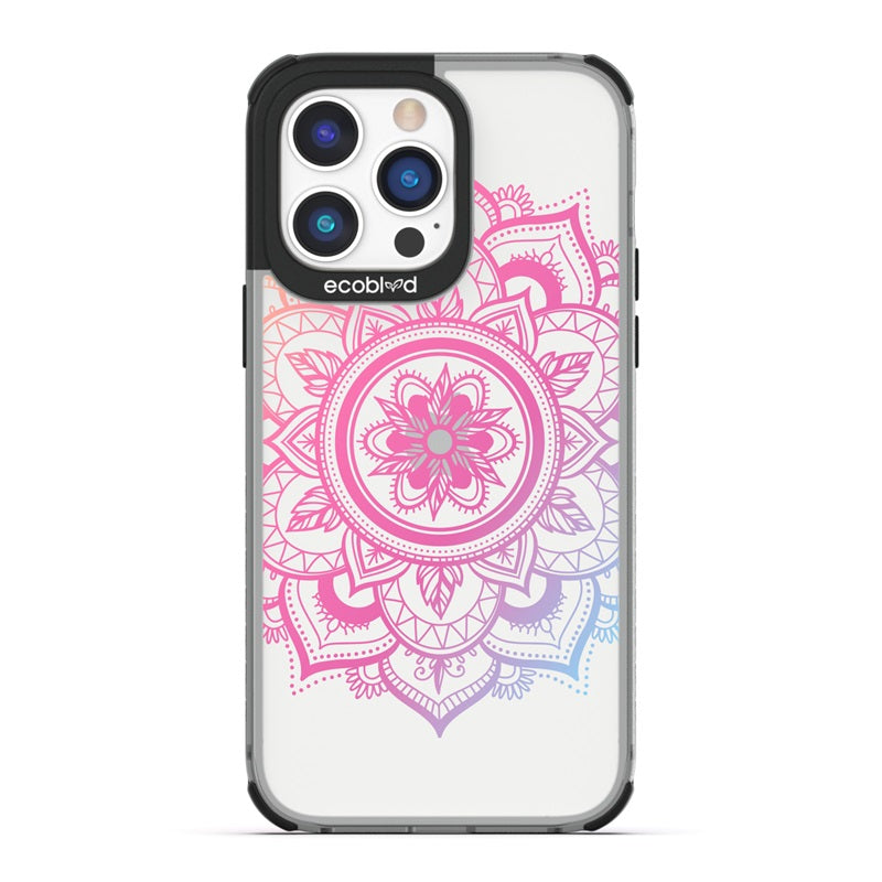Laguna Collection - Black Eco-Friendly iPhone 14 Pro Case With A Pink Gradient Lotus Flower Mandala Design On A Clear Back