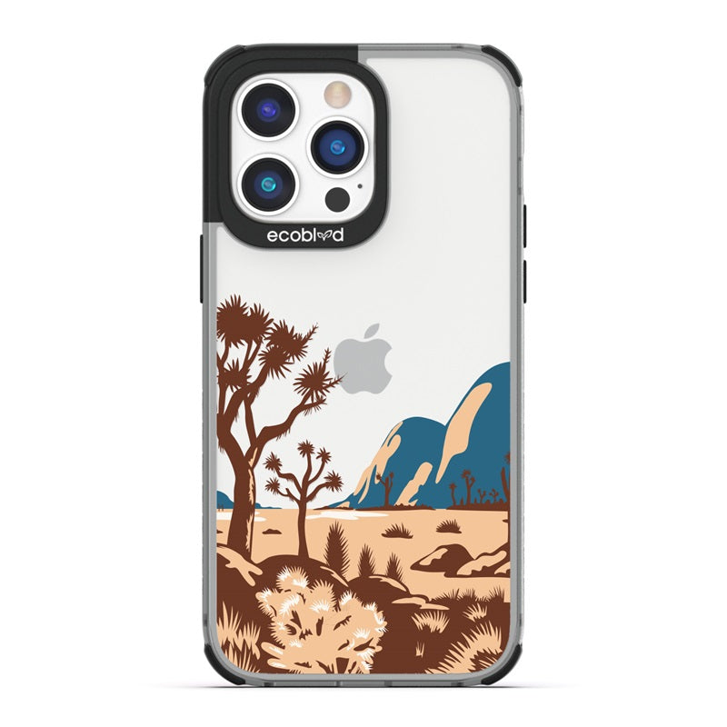 Laguna Collection - Black Eco-Friendly iPhone 14 Pro Case With Minimalist Joshua Tree Desert Landscape On A Clear Back