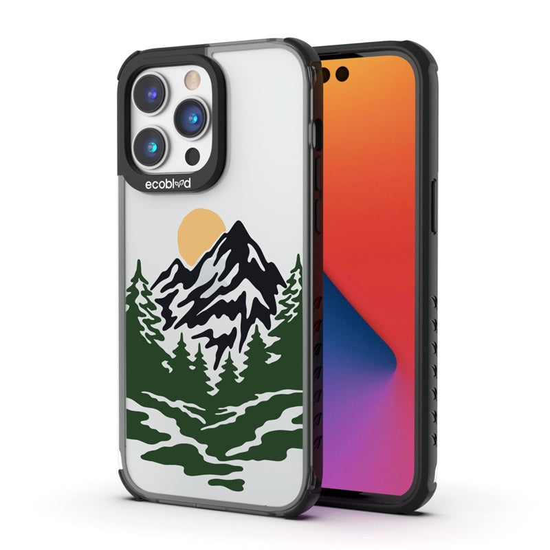 Back View Of Black Compostable Laguna iPhone 14 Pro Case With Mountains Design & Front View Of Screen