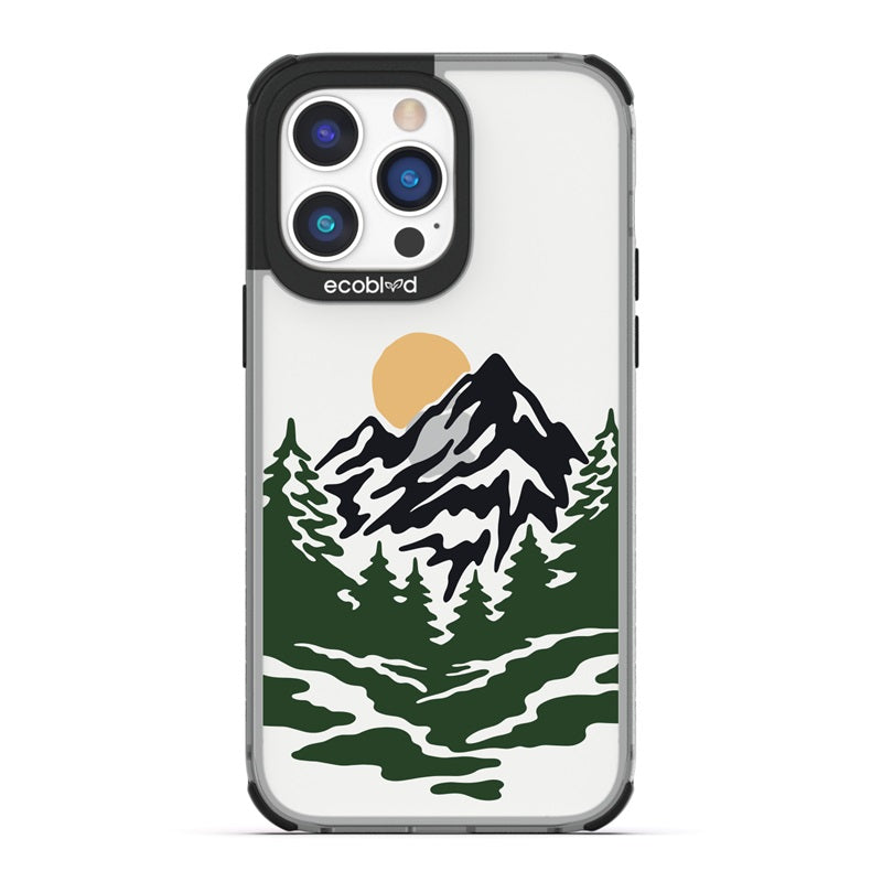 Laguna Collection - Black Eco-Friendly iPhone 14 Pro Case With A Minimalist Moonlit Mountain Landscape On A Clear Back