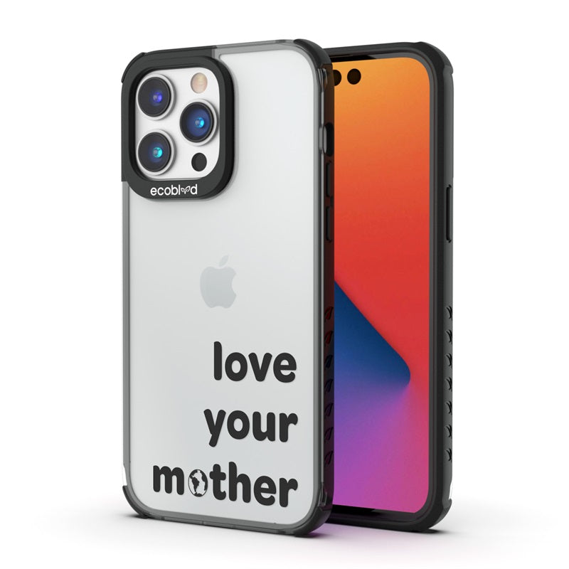 Back View Of The Black Compostable iPhone 14 Pro Sequoia Case With The Love Your Mother Design & Front View Of The Screen