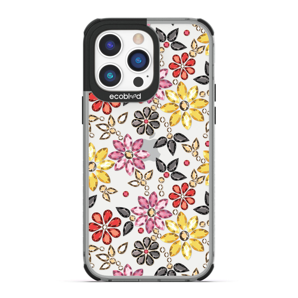 Spring Collection - Black Compostable iPhone 14 Pro Max Case - Rhinestone Jewels In Floral Patterns On A Clear Back