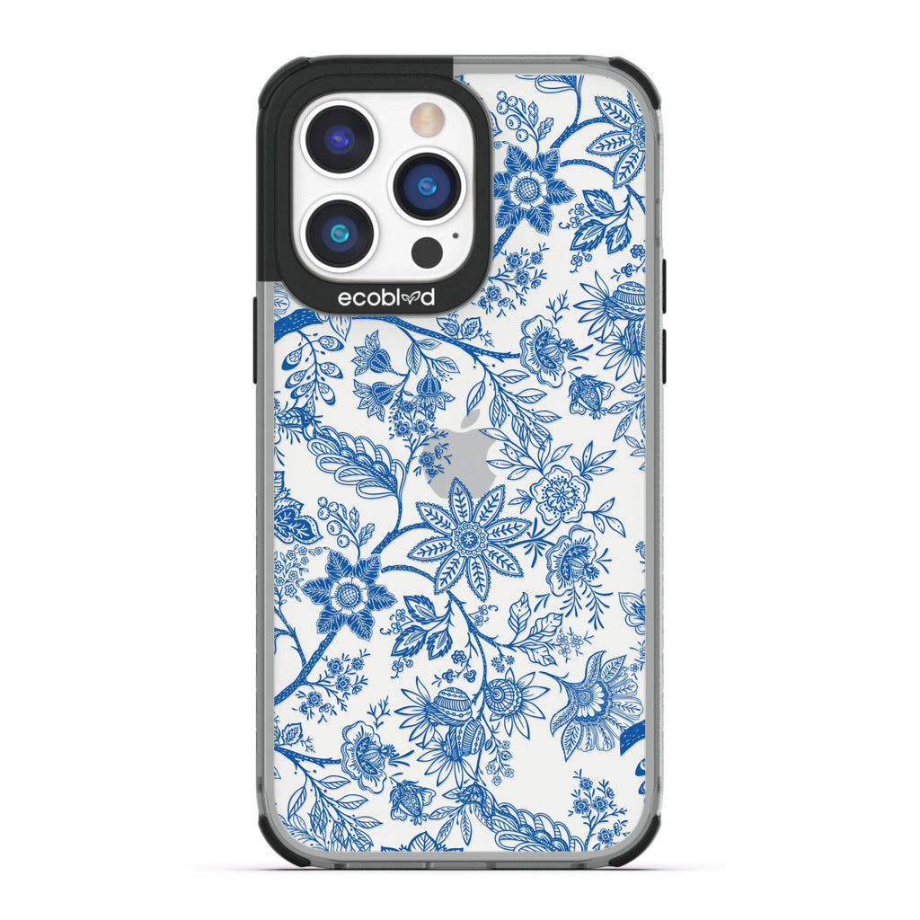 Timeless Collection - Black Laguna Compostable iPhone 14 Pro Max Case With Blue Toile De Jouy Floral Pattern On A Clear Back
