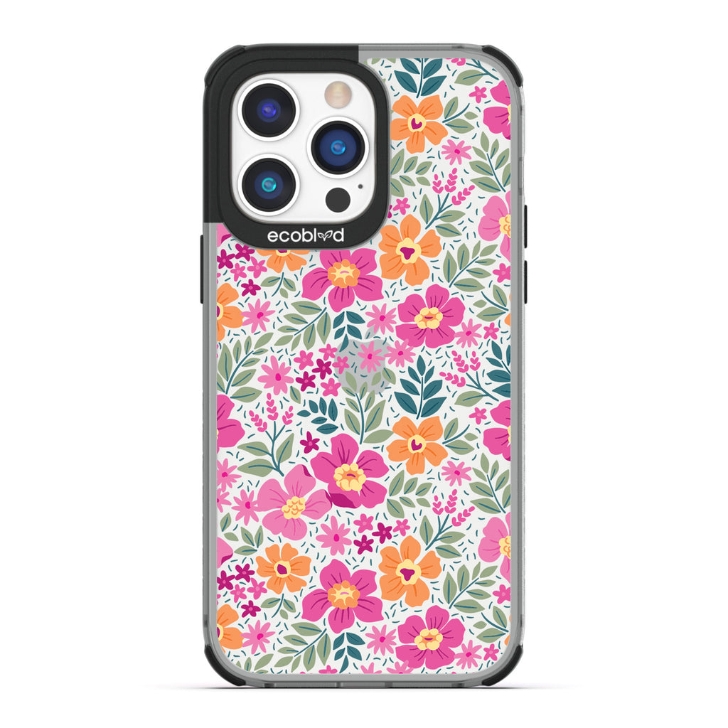 Spring Collection - Black Compostable iPhone 14 Pro Case - Bright, Colorful  Vintage Cartoon Flowers with Leaves On A Clear Back
