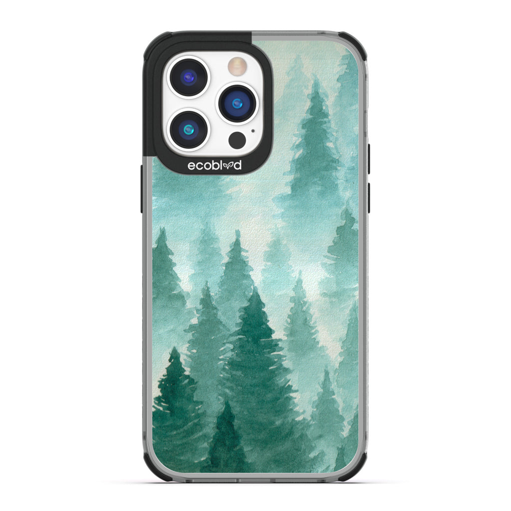 Winter Collection - Black Eco-Friendly Laguna iPhone 14 Pro Case With A Watercolor Pine Tree Forest Print On A Clear Back