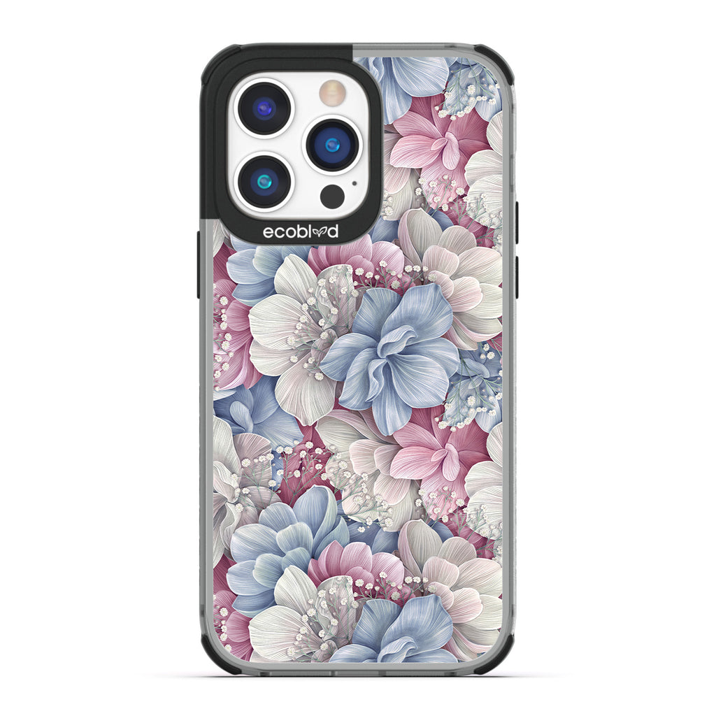 Spring Collection - Black Compostable iPhone 14 Pro Max Case - Dewey Pastel-Colored Watercolor Hydrangeas On A Clear Back