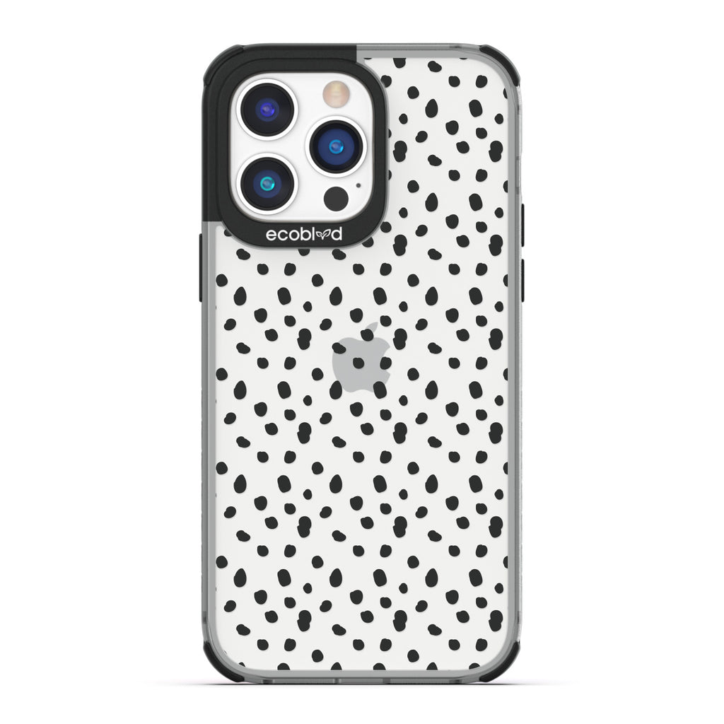 Timeless Collection - Black Laguna Compostable iPhone 14 Pro Case With A Polka Dot Pattern On A Clear Back
