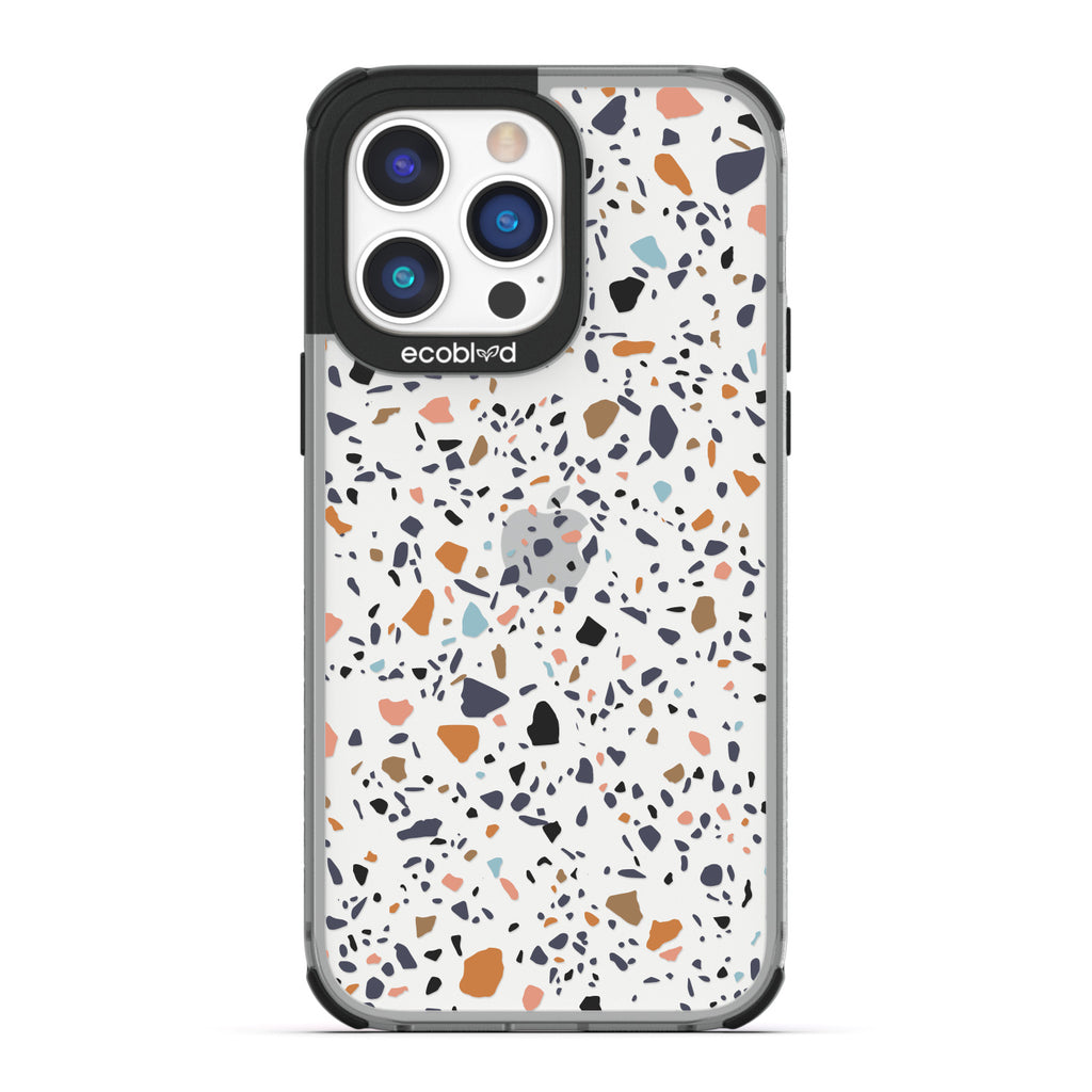 Timeless Collection - Black Laguna Compostable iPhone 14 Pro Max Case With A Speckled Terrazzo Pattern On A Clear Back