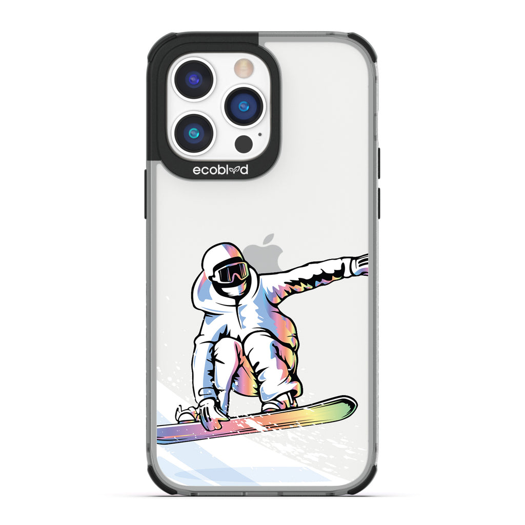 Winter Collection - Black Eco-Friendly iPhone 14 Pro Max Case - A Snowboarder Jumps While Holding The Board On A Clear Back