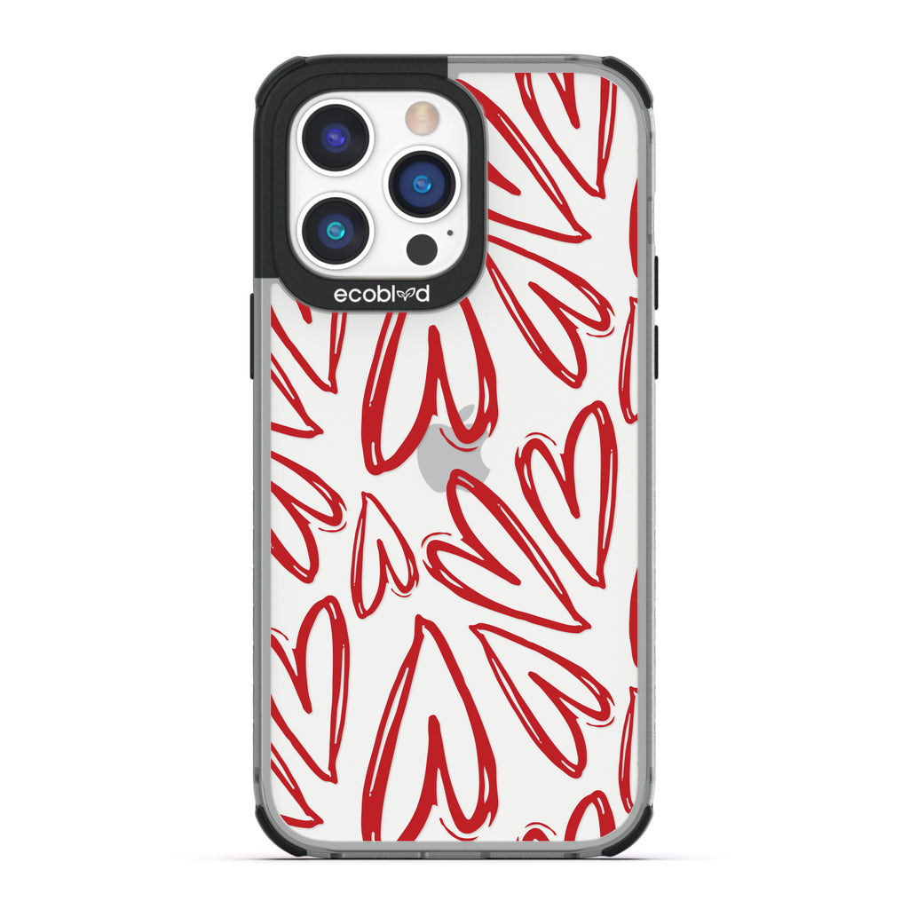 Love Collection - Black Compostable iPhone 14 Pro Max Case - Painted / Sketched Red Hearts On A Clear Back