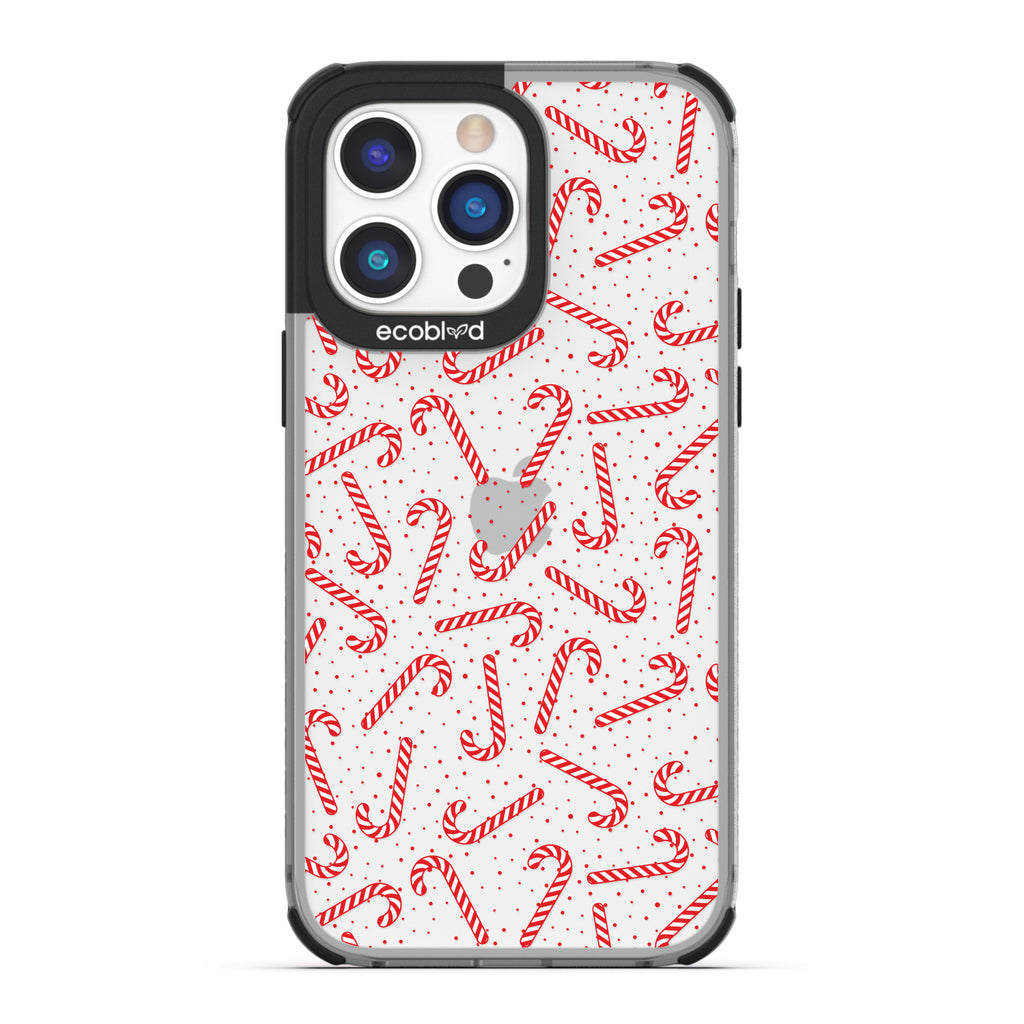 Winter Collection - Black Laguna Eco-Friendly iPhone 14 Pro Case With Red & White Candy Canes & Red Dots On A Clear Back
