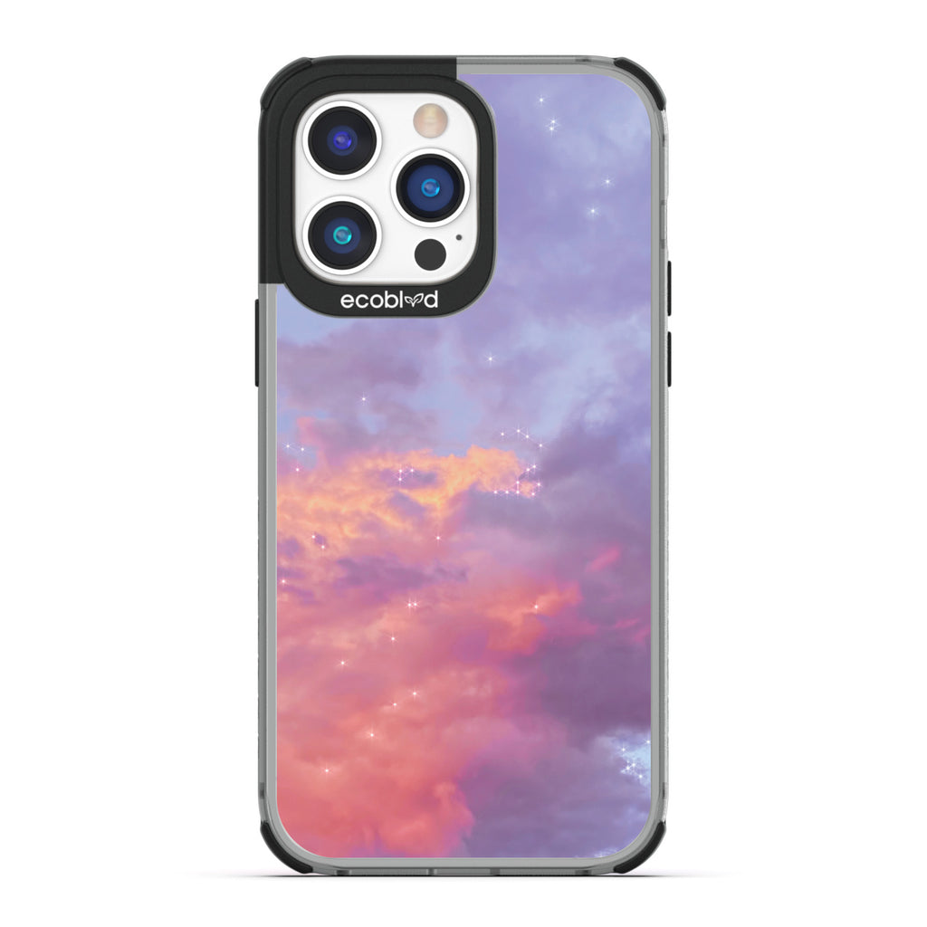 Love Collection - Black Compostable iPhone 14 Pro Max Case - Cloudy Pastel Sunset With Stars On A Clear Back