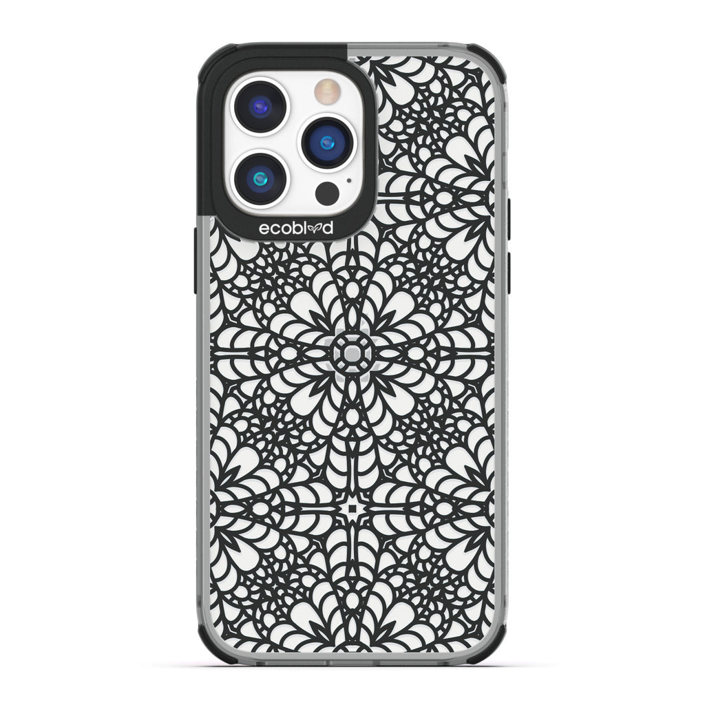 A Lil' Dainty - Black Compostable iPhone 14 Pro Case - Intricate Lace Tapestry Pattern On A Clear Back