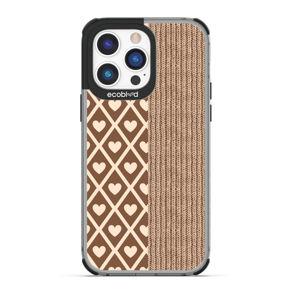 Love Collection - Black Compostable iPhone 14 Pro Case - Left: Brown Argyle Print & Right: Sewn Fabric On A Clear Back