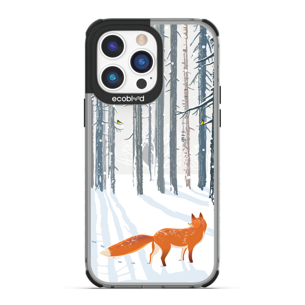 Winter Collection - Black Compostable iPhone 14 Pro Case - Orange Fox Trails Pawprints In Snowy Woods On A Clear Back