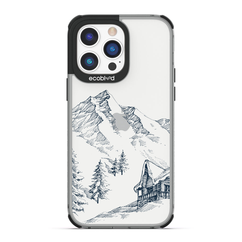 Winter Collection - Black Compostable iPhone 14 Pro Case - Snowy Mountainside Wood Cabin On A Clear Back